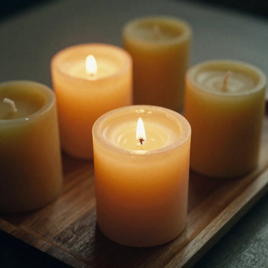 Handcrafted soy and beeswax candles arranged elegantly